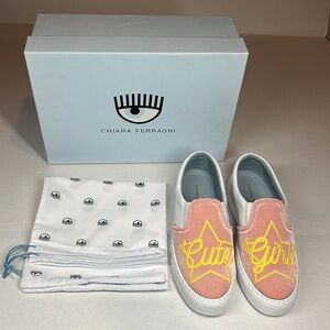 Chiara Ferragni Velvet Leather Slide On Shoes Sneakers Print “Cute Girl” Size 7